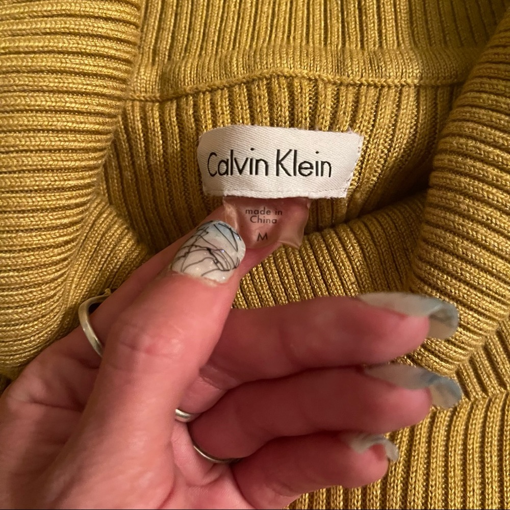 Calvin Klein Mustard Yellow Knit Cowl Neck Short Sleeve Sweater Dress Medium - Picture 9 of 10